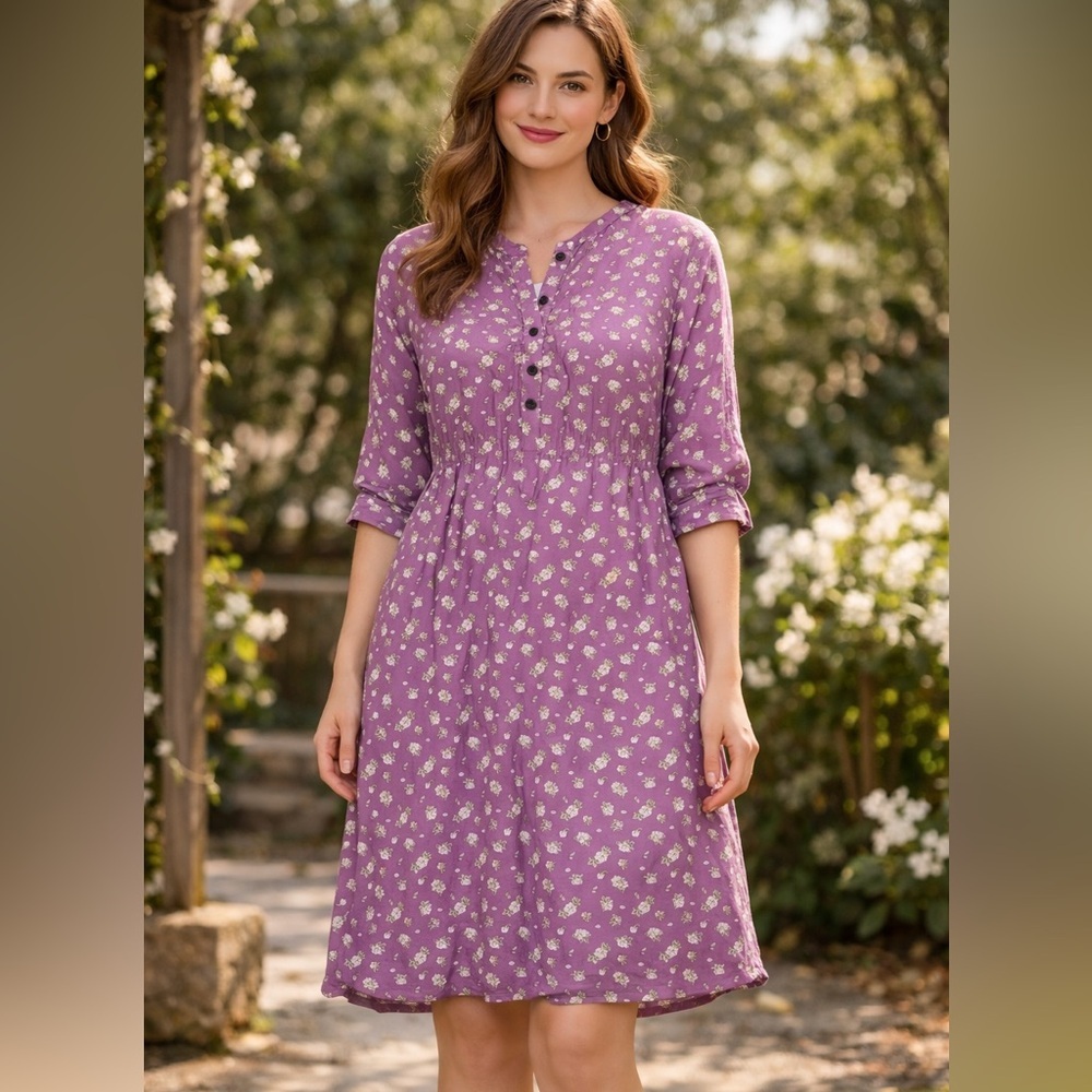 Elegant Purple Floral 3/4 Sleeve Dress Size XL